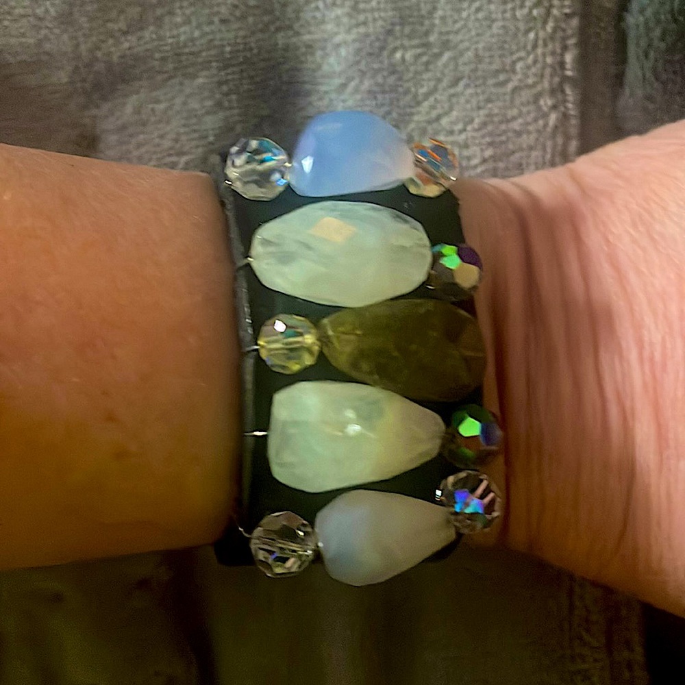 Leather cuff Bracelet with blue and light green stones.